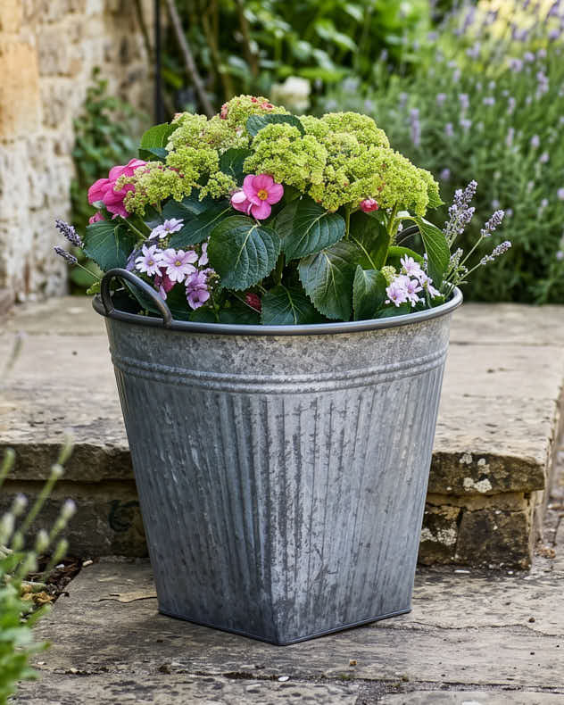 Grey Metal Bucket Planter