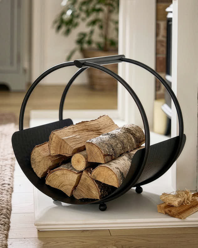 Black & Brown Recycled Iron & Wood Fire log Holders & Racks - Round Log Holder