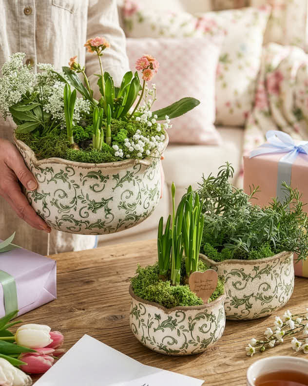 Green & White Ceramic & Birchwood Gifting - Personalised Irina Green Gift Set of 3 Planters
