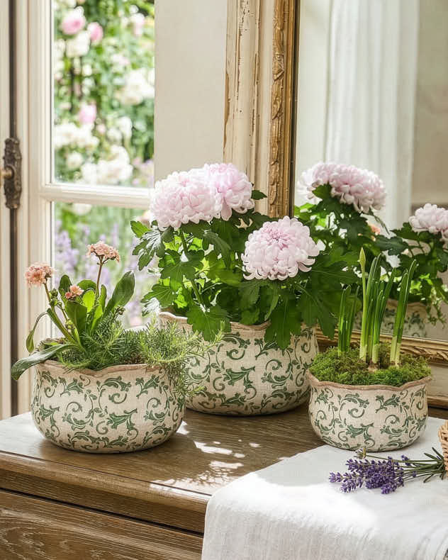 Cream &amp; Green Ceramic Pots &amp; Planters - Irina Green Botanical Set of 3 Planters