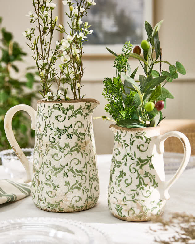Small Cream & Green Ceramic Jug Vase - Irina Green Botanical Pitcher Jug