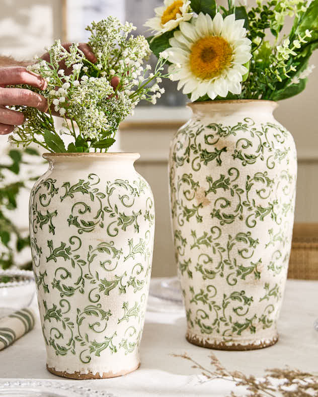 Small Cream & Green Ceramic Vases - Irina Green Botanical Urn Vase
