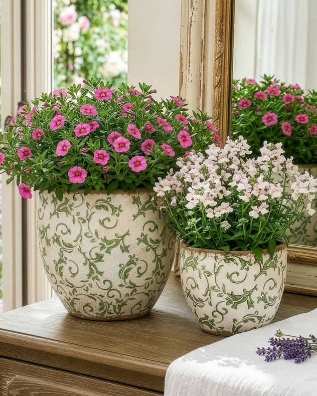 Small Cream & Green Ceramic Pots & Planters - Irina Green Botanical Planter
