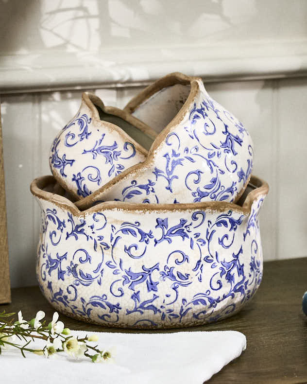 Pots &amp; Planters - Solene Blue Botanical Set of 3 Planters