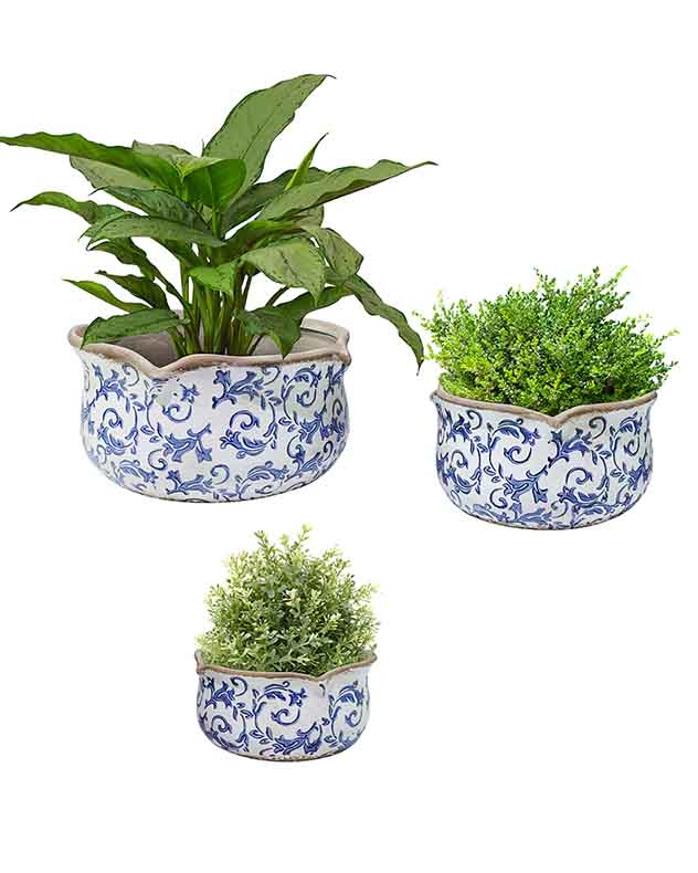 Pots &amp; Planters - Solene Blue Botanical Set of 3 Planters