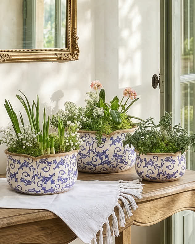 Cream & Blue Ceramic Pots & Planters - Solene Blue Botanical Set of 3 Planters