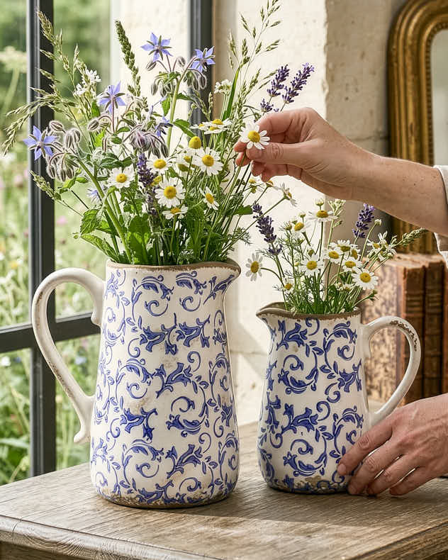 Small Cream & Blue Ceramic Jug Vase - Solene Blue Botanical Pitcher Jug
