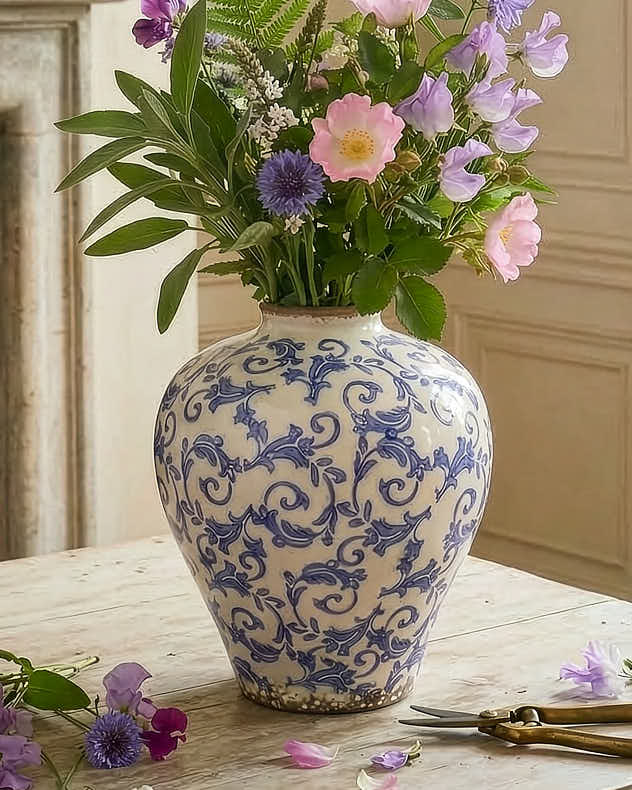 Vases - Solene Blue Botanical Round Vase