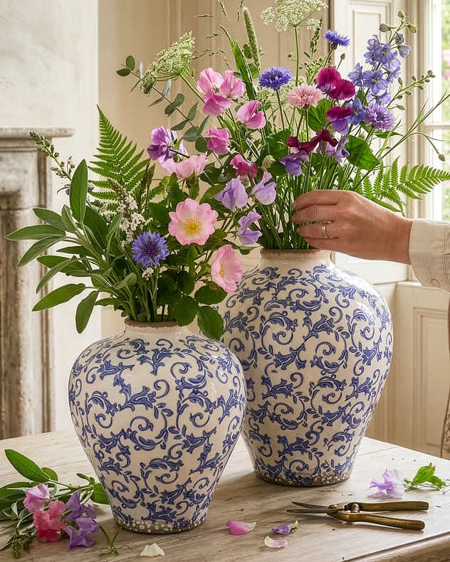 Small Cream & Blue Ceramic Vases - Solene Blue Botanical Round Vase