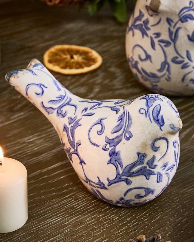 Set of 2 Solene Blue Botanical Bird Ornaments