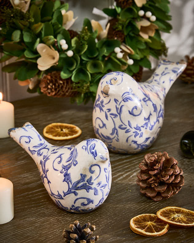 Set of 2 Solene Blue Botanical Bird Ornaments