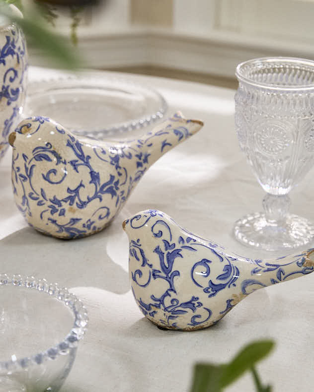 Cream &amp; Blue Ceramic Ornaments - Set of 2 Solene Blue Botanical Bird Ornaments