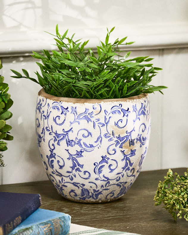 Cream & Blue Ceramic Pots & Planters - Solene Blue Botanical Planter
