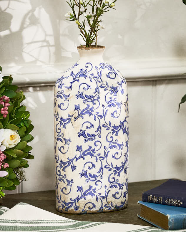 Cream & Blue Ceramic Vases - Solene Blue Botanical Bottle Vase