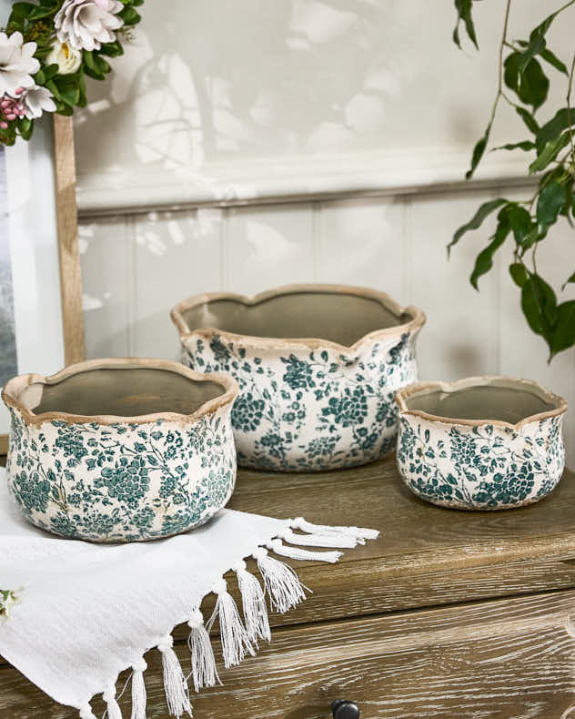 Pots &amp; Planters - Fiorella Teal Botanical Set of 3 Planters