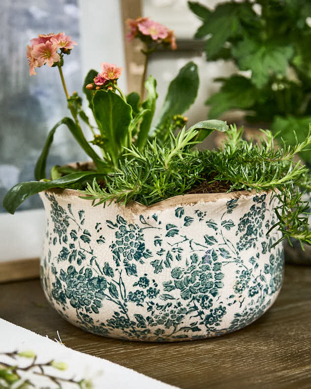 Pots &amp; Planters - Fiorella Teal Botanical Set of 3 Planters