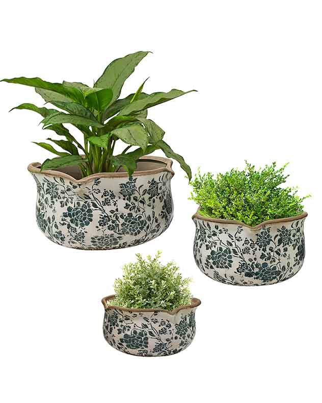 Pots &amp; Planters - Fiorella Teal Botanical Set of 3 Planters
