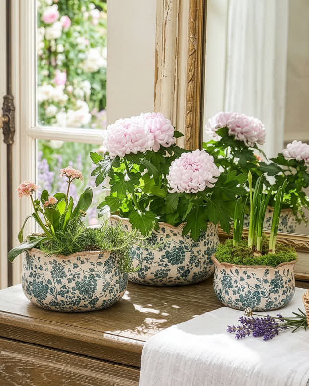 Cream & Green Ceramic Pots & Planters - Fiorella Teal Botanical Set of 3 Planters