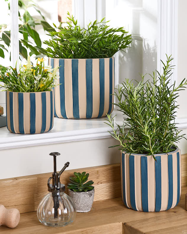 Lot de 3 jardinières à rayures bleues