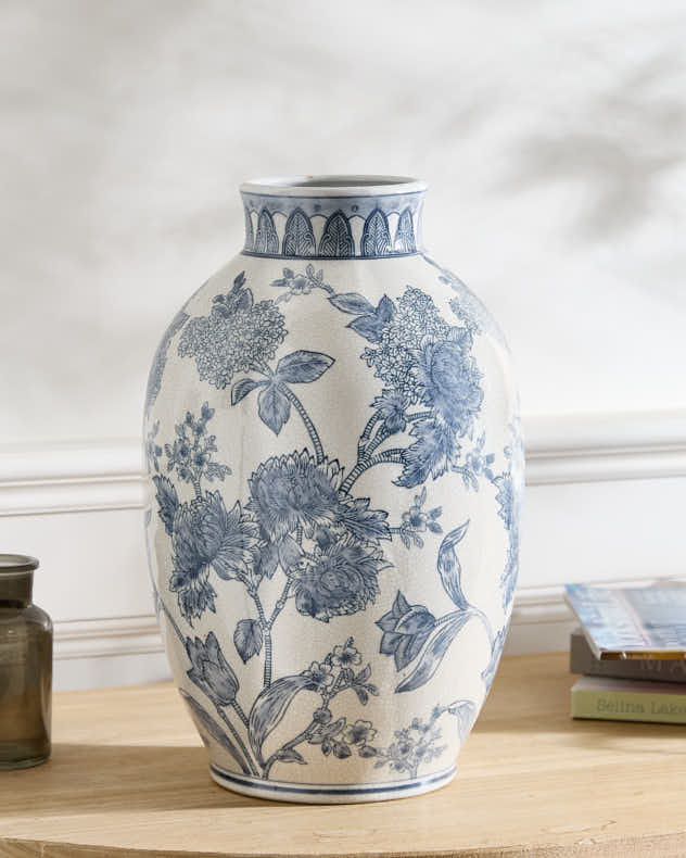 Floral Blue Ceramic Urn Vase