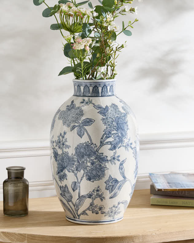 Floral Blue Ceramic Urn Vase