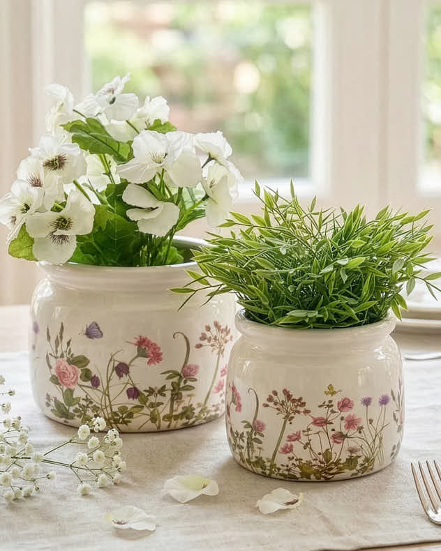 Small Cream &amp; Multi-colour Ceramic Pots &amp; Planters - Meadow Inspired Ceramic Planters