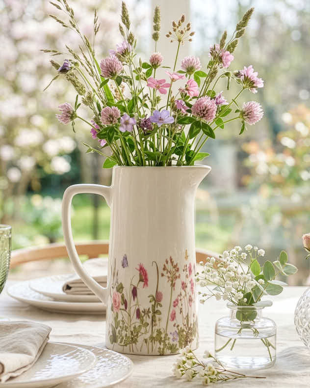 White & Multi-colour Ceramic Vases - Wildflower Meadow Pitcher Jug Vase