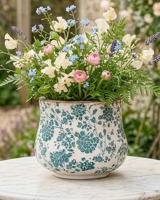 Cream &amp; Green Ceramic Pots &amp; Planters - Vintage Green Floral Planter