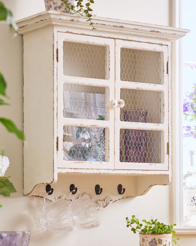 Vintage White Wall Cabinet with Hooks