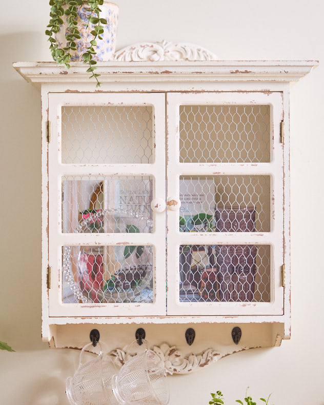 Vintage White Wall Cabinet with Hooks