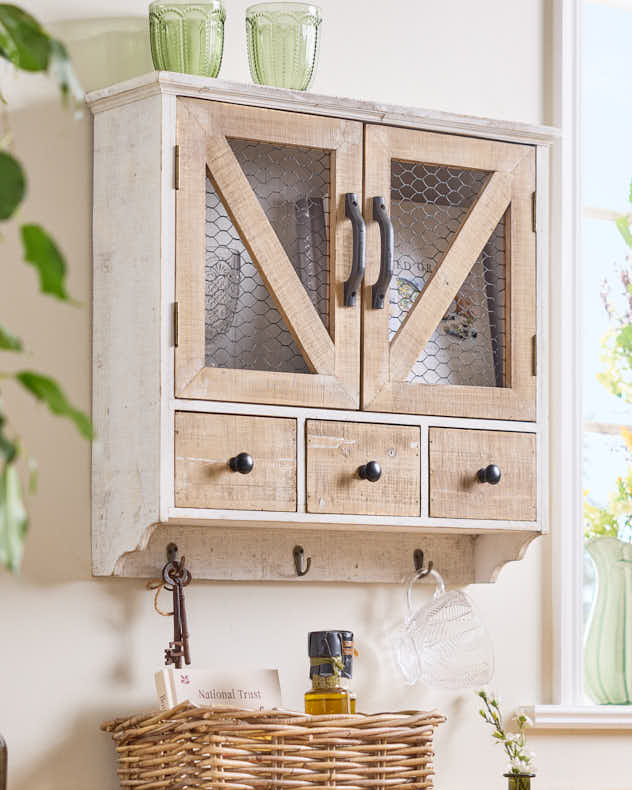 Rustic 3 Drawer Wall Cabinet with Hooks