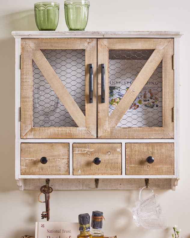 Rustic 3 Drawer Wall Cabinet with Hooks