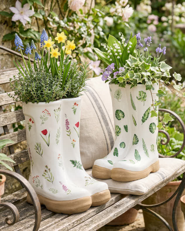 Flowers White & Multi-colour & Brown Ceramic Plant Pot - Large Patterned Welly Boots Planters