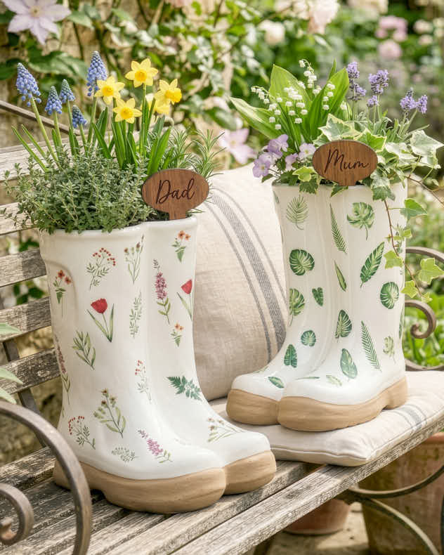 Flowers White & Multi-colour & Brown Ceramic Pots & Planters - Personalised Patterned Welly Boots Planters