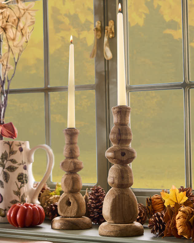 Carved Pine Wood Candlestick