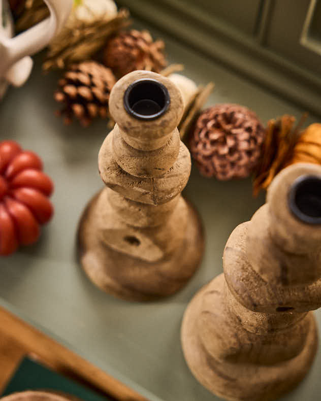 Carved Pine Wood Candlestick