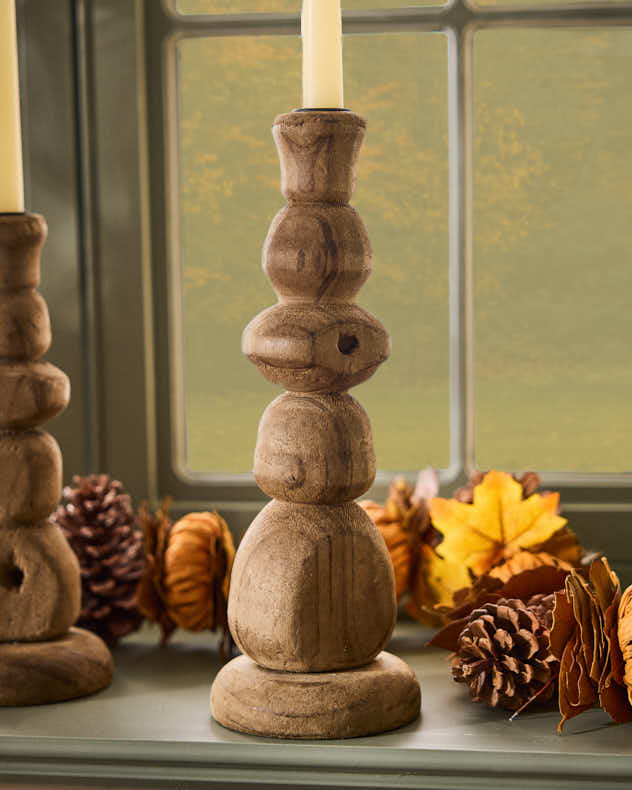 Carved Pine Wood Candlestick