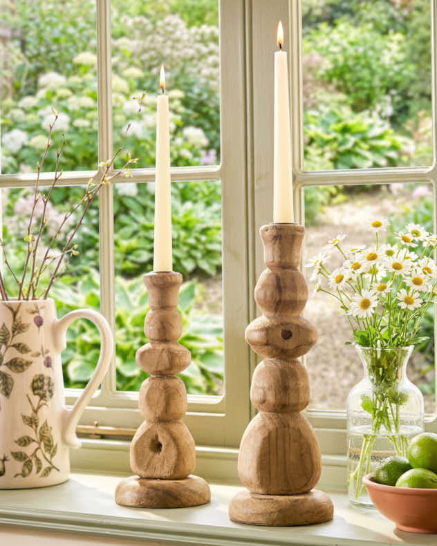 Medium Natural Pine Wood &amp; Iron Candlesticks - Carved Pine Wood Candlestick Holder