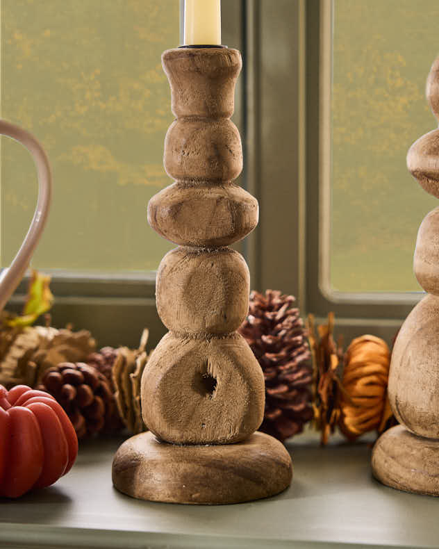 Carved Pine Wood Candlestick