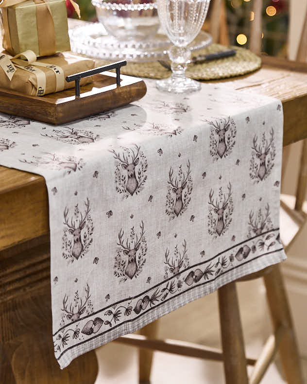 Botanical Deer Table Runner with Gingham Trim