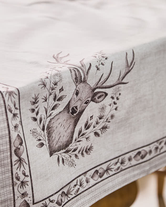 Botanical Deer Tablecloth with Gingham Trim