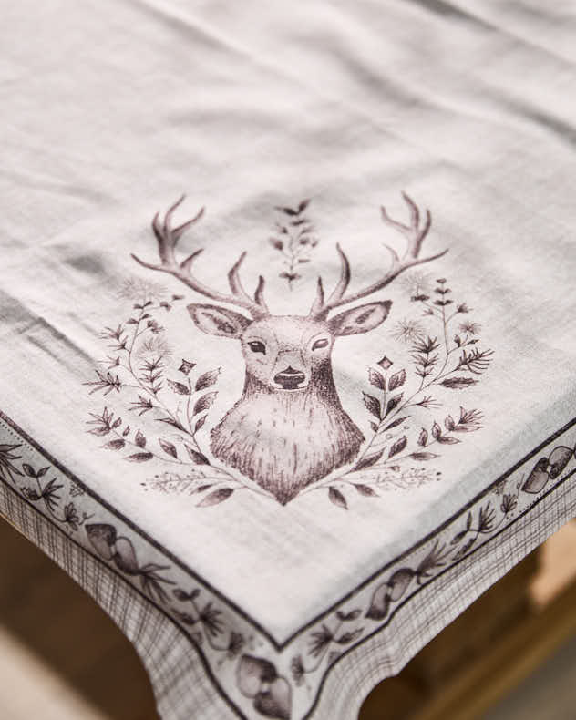 Botanical Deer Tablecloth with Gingham Trim