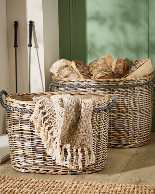 Natural & Brown Wicker Fire Log Baskets - Set of 2 Oval Log Baskets