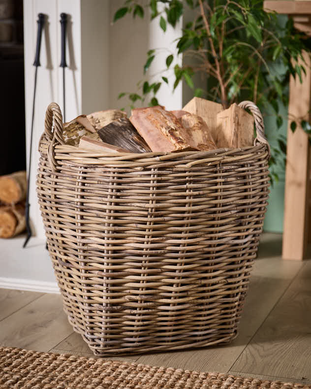 Natural & Brown Rattan Fire Log Baskets - Amphora Lined Rattan Log Basket