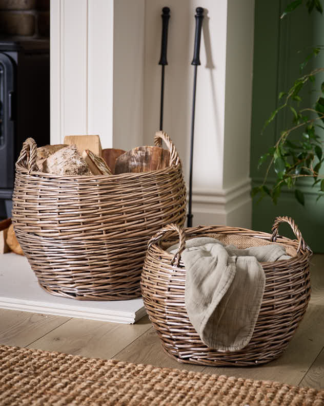 Natural & Brown Wicker Fire Log Baskets - Set of 2 Delphi Wicker Log Baskets