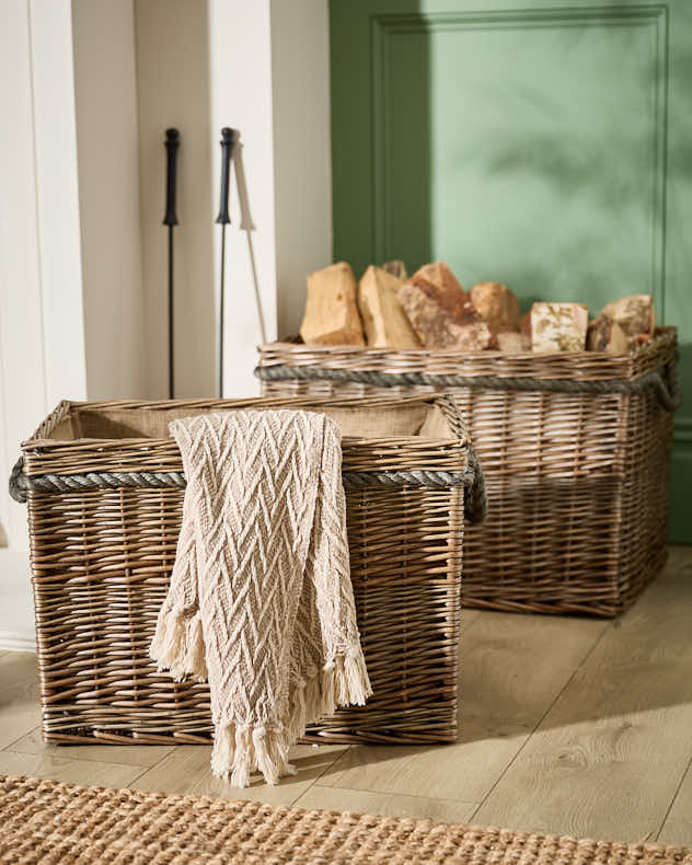 Natural & Brown Wicker Fire Log Baskets - Set of 2 Rectangular Log Baskets