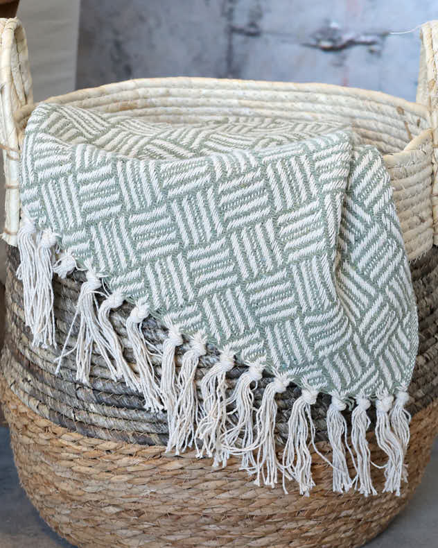Sage and Ivory Cotton Throw With Tassels