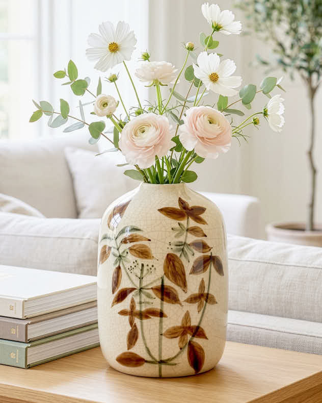 Cream & Brown & Green Stoneware Vases - Botanical Valley Bottle Vase