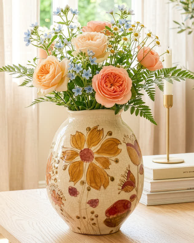 Cream & Orange & Red Stoneware Vases - Crackle Glazed Floral Vase