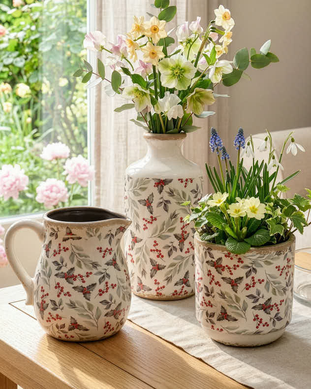 Tray White & Brown & Green & Red Stoneware Vases - Holly and Mistletoe Ceramics Collection